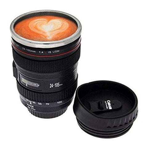 Short SLR Camera Lens Travel Coffee Mug Stainless Steel with Leak-Proof Lid